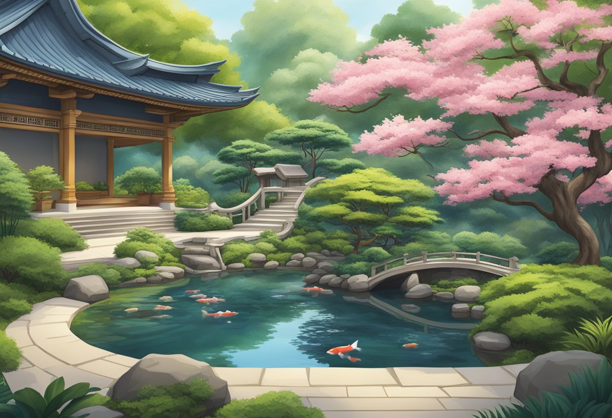 A serene garden with a lush bonsai tree and a tranquil koi pond, surrounded by traditional Singaporean architecture
