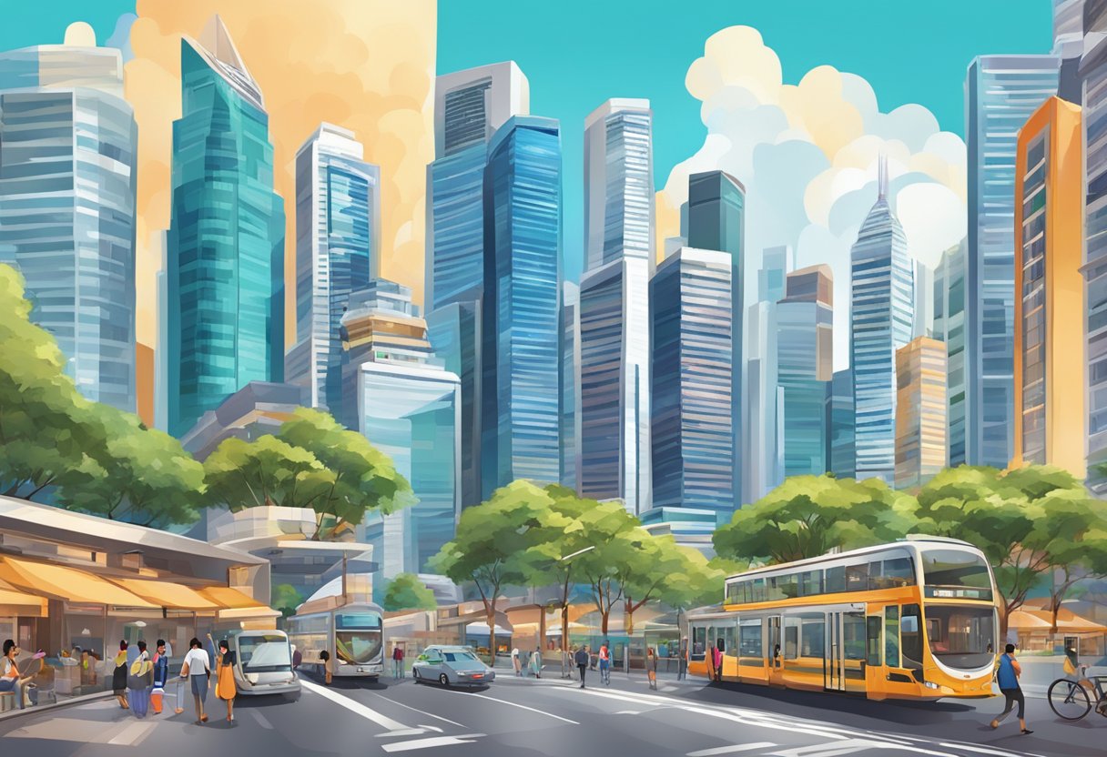 A bustling cityscape with iconic skyscrapers and vibrant street scenes, capturing the energy and diversity of Singapore
