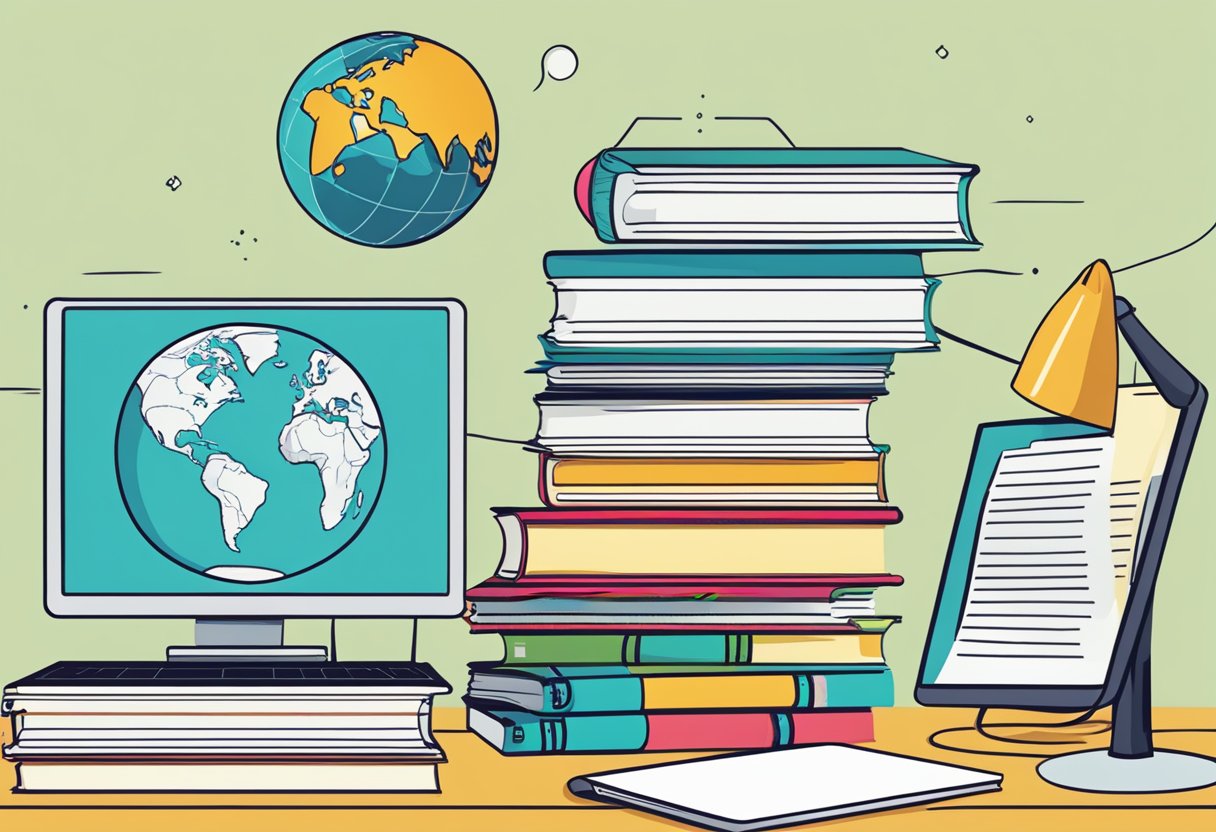 A stack of FAQ cards with "Frequently Asked Questions" written on them, surrounded by a globe, computer, and book