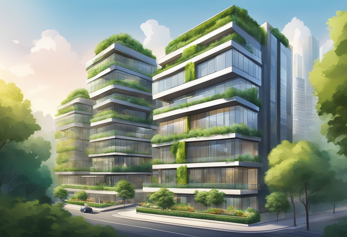 A modern building with sleek architecture and lush greenery, set against the backdrop of a bustling cityscape