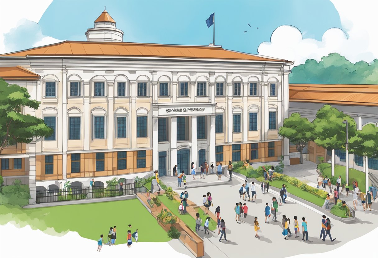 A bustling campus with students exploring academic programmes and admissions at SJI Singapore. The school's emblem is prominently displayed on the main building