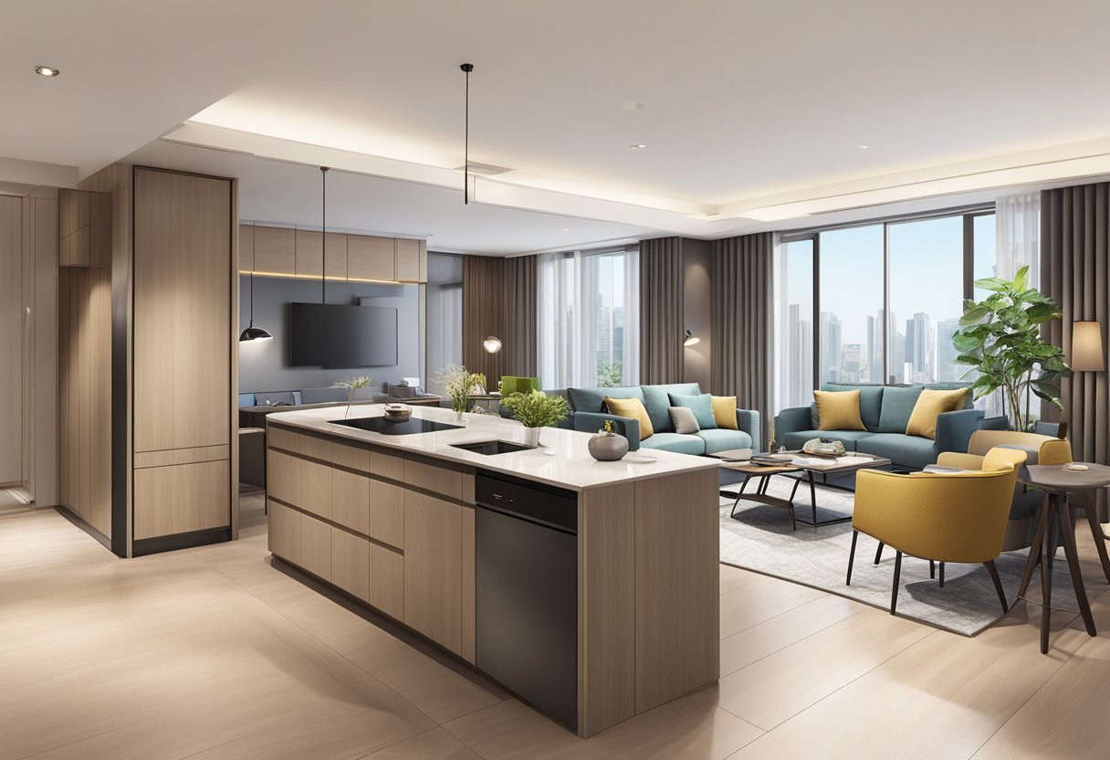 A spacious living room with modern furniture, a fully equipped kitchen, and a luxurious bathroom in the Alocassia Serviced Apartments, Singapore