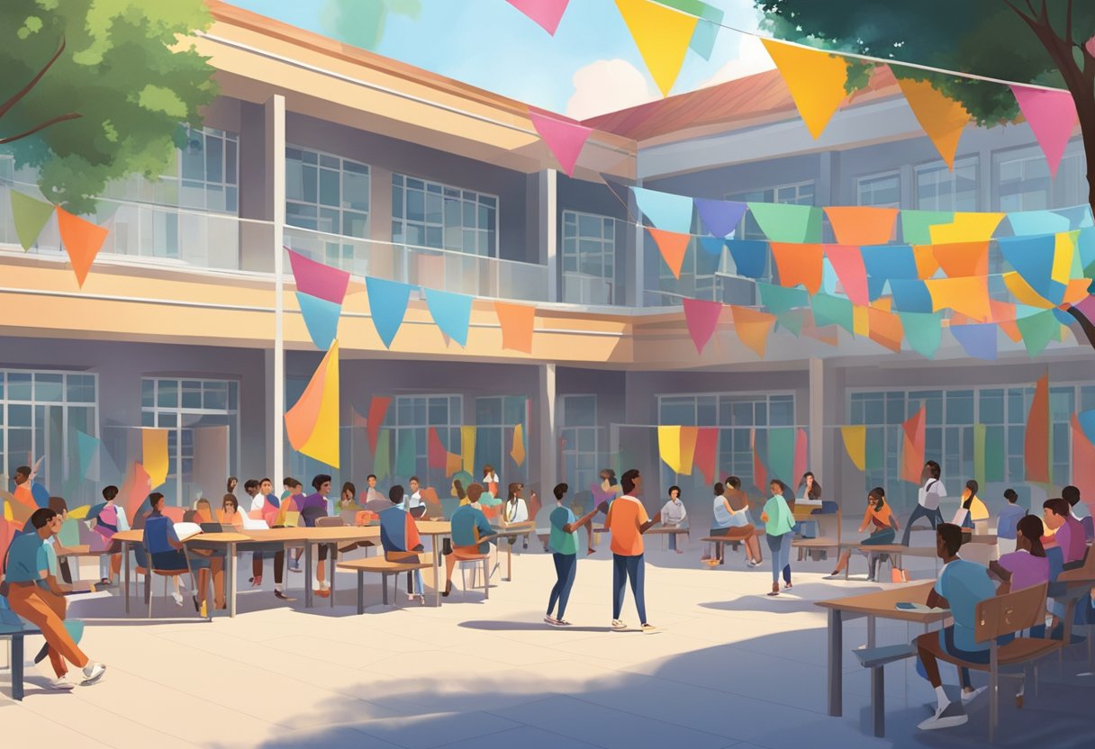 Students gather in the school courtyard, chatting and laughing. Some are playing sports, while others sit in groups studying. The school building stands tall in the background, with colorful banners and flags fluttering in the breeze