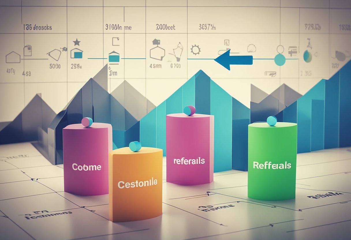 A chart showing a steady increase in customer referrals, with a prominent arrow pointing upwards. Testimonials and positive feedback displayed alongside