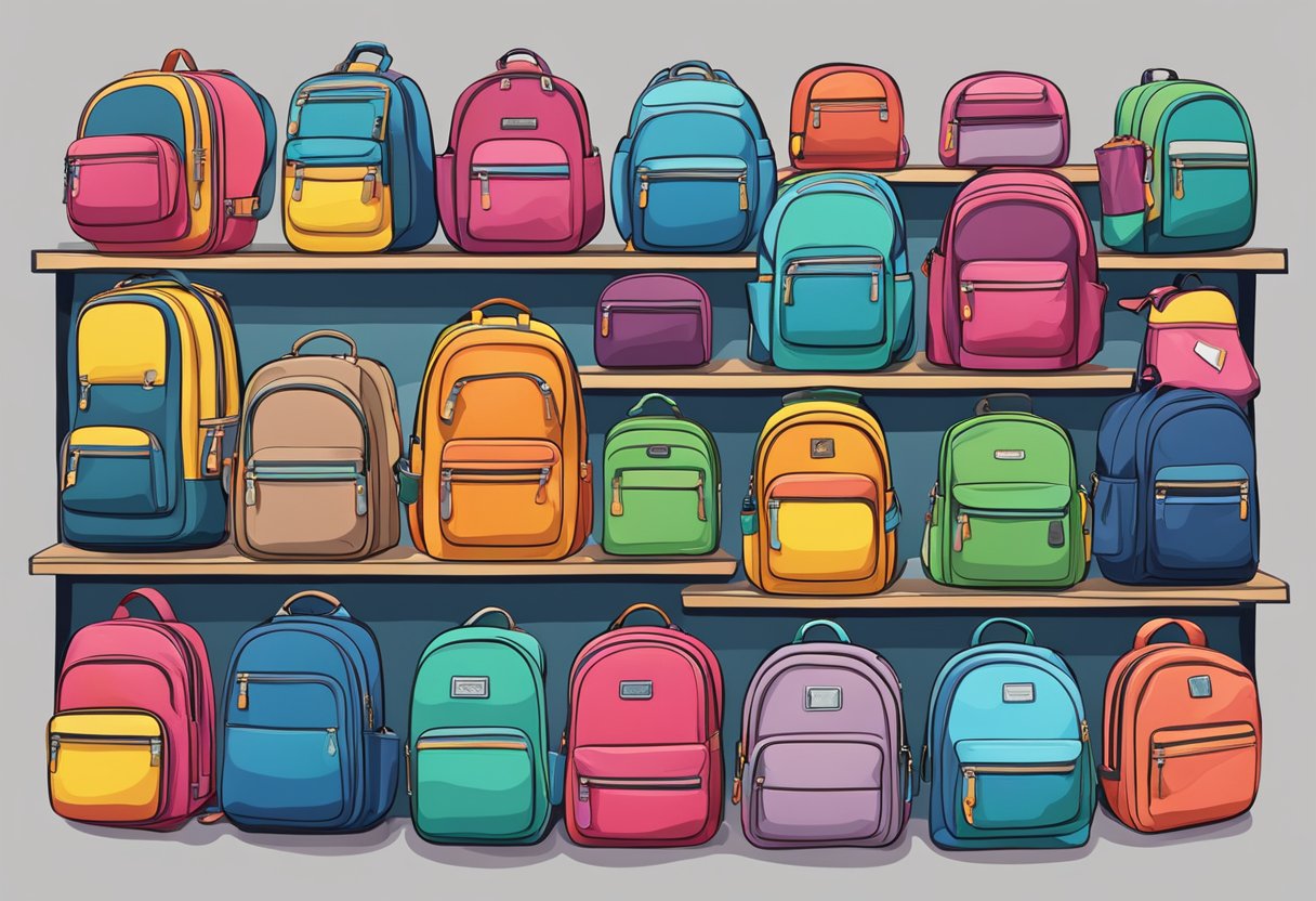 A colorful array of backpacks displayed on shelves, with a backdrop of iconic Singapore landmarks like the Merlion and Marina Bay Sands
