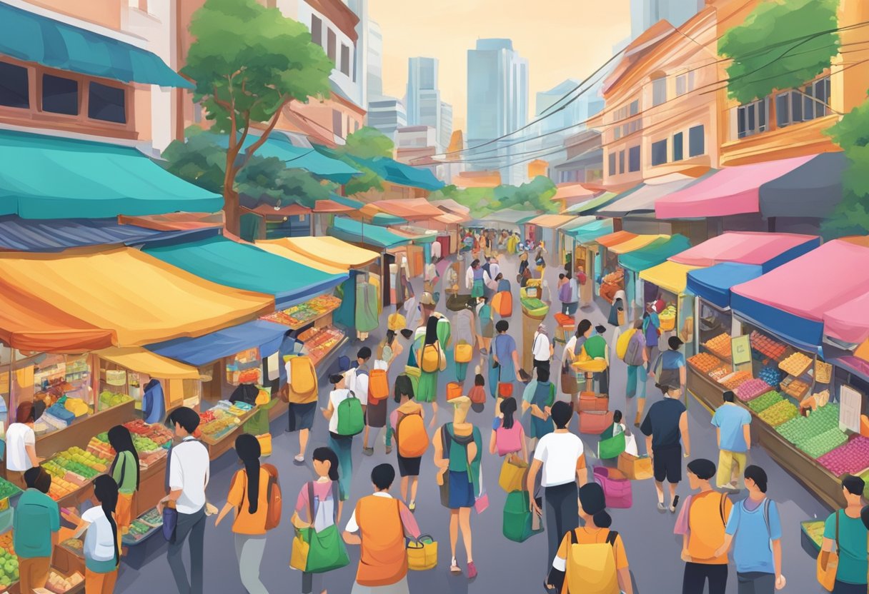 A bustling street market in Singapore, with colorful storefronts selling a variety of backpacks. The vibrant atmosphere is filled with locals and tourists browsing the selection of bags