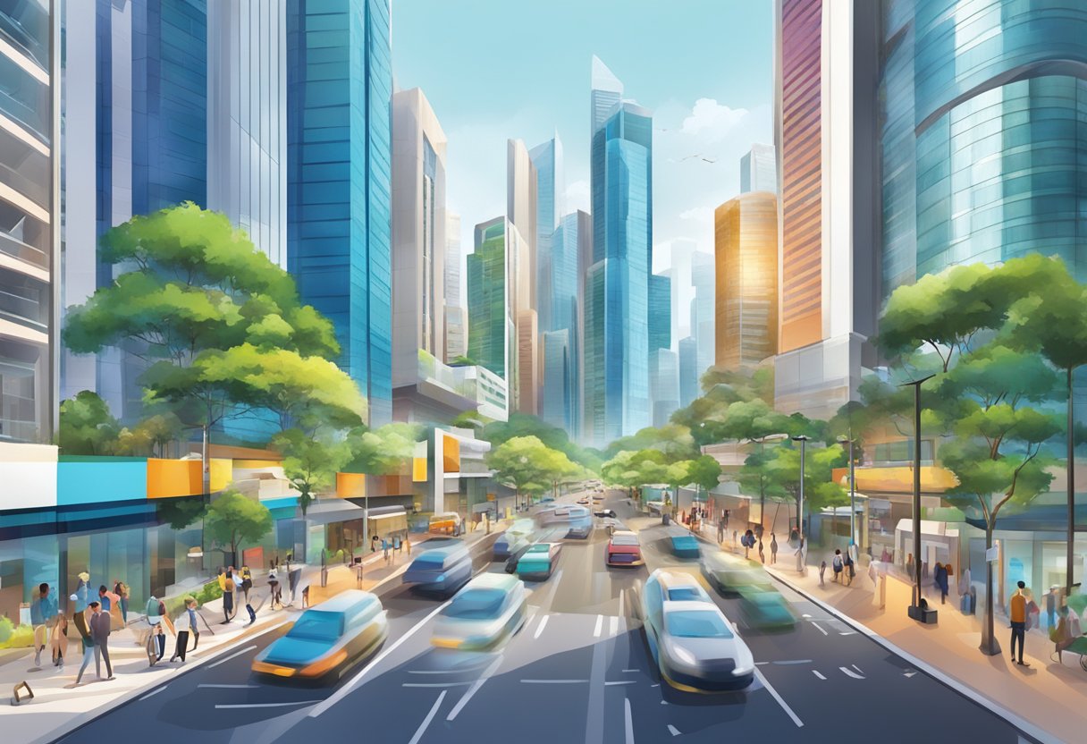 A bustling cityscape with modern skyscrapers and a vibrant street scene, showcasing the energy and diversity of TCC Singapore