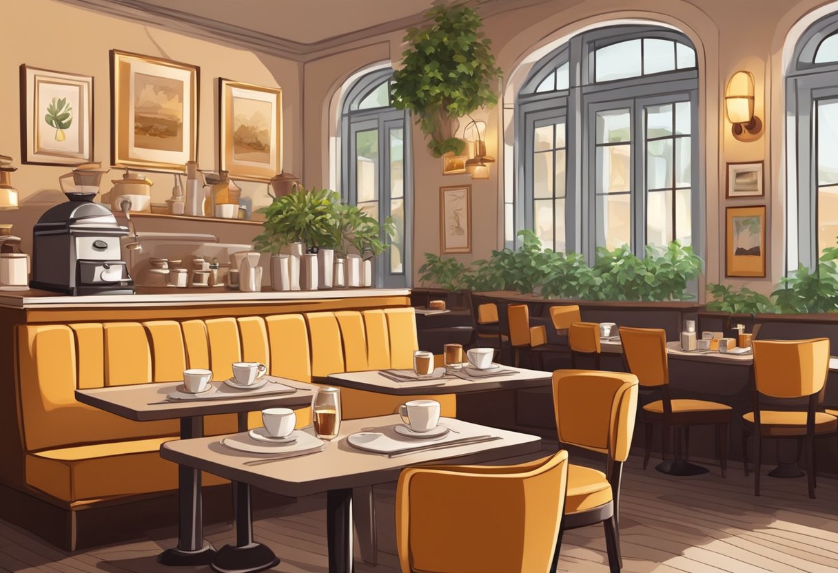 A cozy cafe with elegant decor, filled with the aroma of freshly brewed coffee and the sound of soft jazz music playing in the background