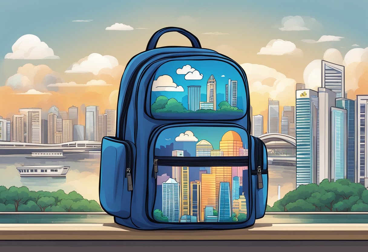 A backpack with "Frequently Asked Questions" printed on it, set against the backdrop of iconic Singapore landmarks