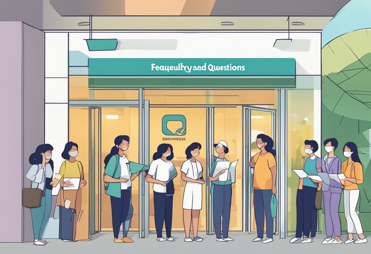 A group of people gathers around a sign that reads "Frequently Asked Questions" at the entrance of SJI Singapore