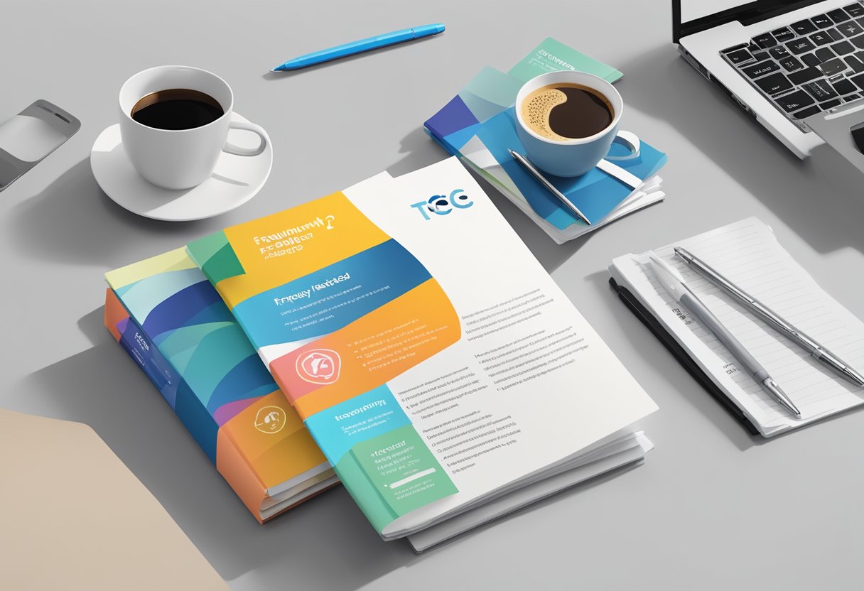 A stack of colorful brochures with "Frequently Asked Questions tcc singapore" printed on the cover, surrounded by a laptop, pen, and coffee cup