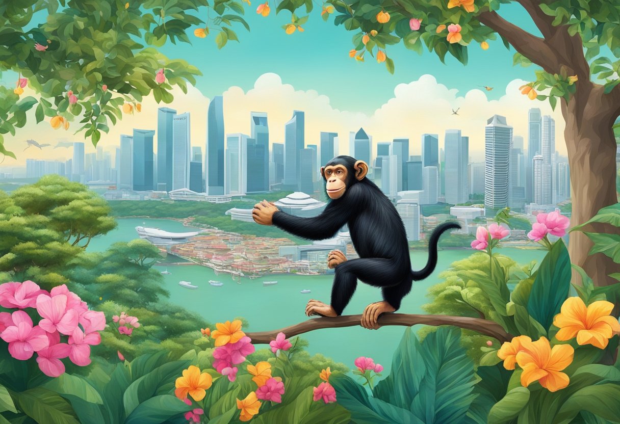 A lush garden with colorful blooms, a playful chimp swinging from tree to tree, set against the iconic skyline of Singapore