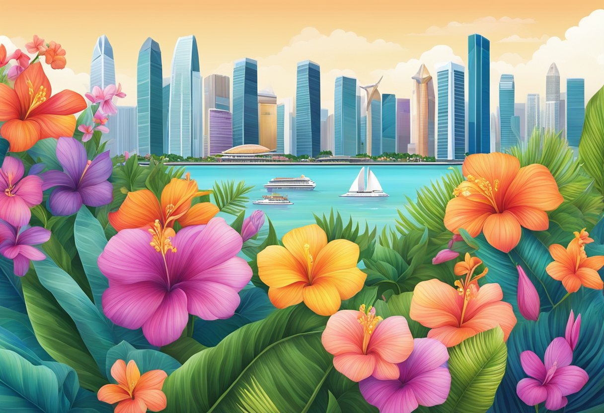 A colorful array of tropical flowers arranged in a vibrant display, with the iconic skyline of Singapore in the background