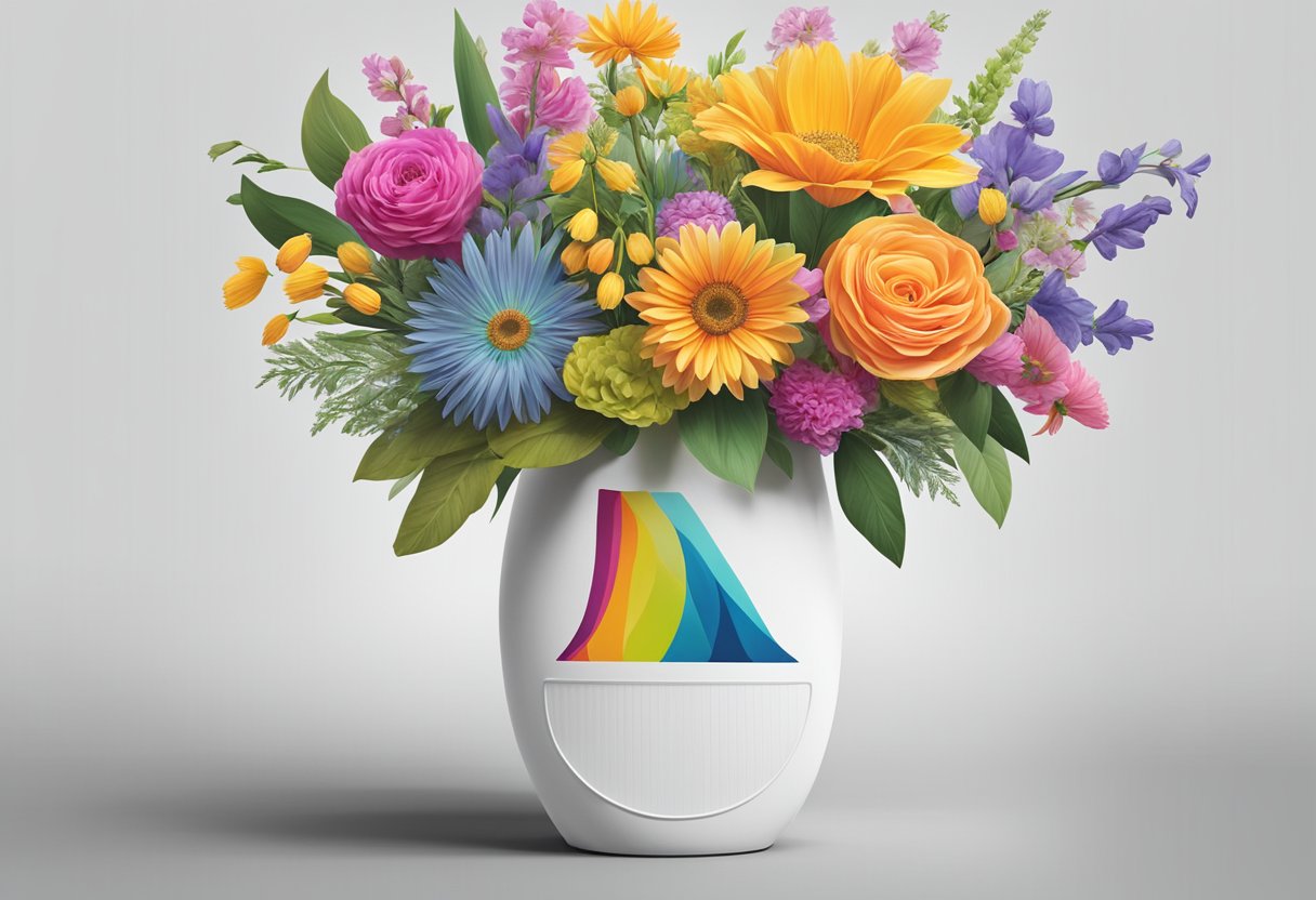 A colorful array of fresh, vibrant flowers arranged in a sleek, modern vase with the Flower Chimp logo prominently displayed