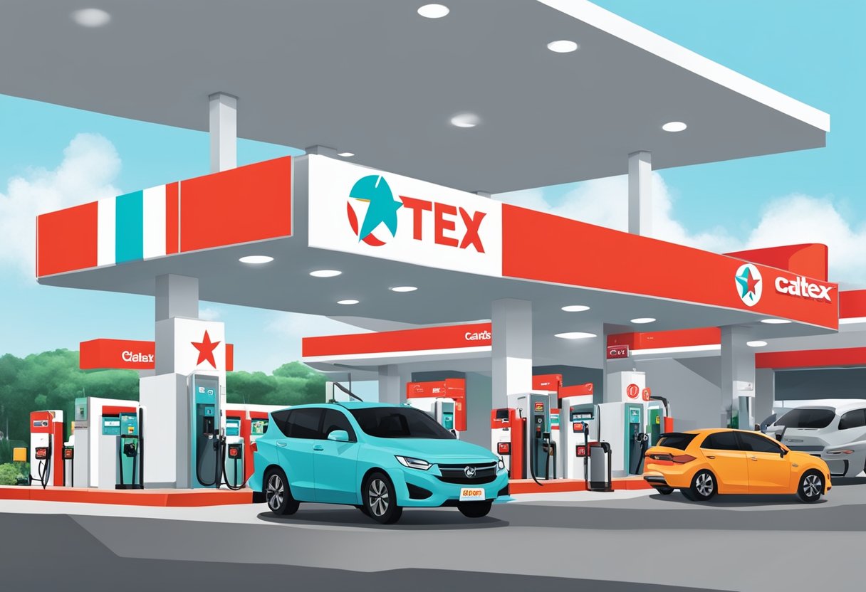 A busy Caltex Singapore gas station with cars refueling and a prominent Caltex logo displayed