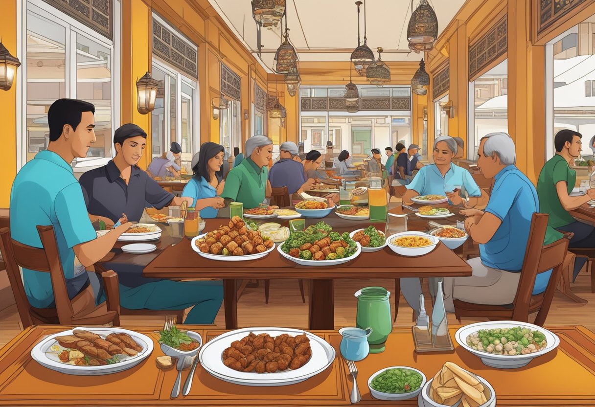 A bustling Turkish restaurant in Singapore, with colorful plates of kebabs, baklava, and Turkish tea on tables, while the aroma of spices fills the air