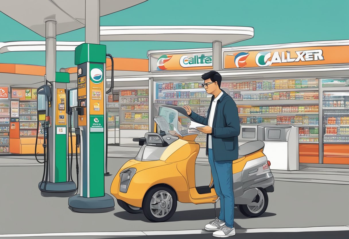 A customer reading a list of frequently asked questions at a Caltex Singapore gas station