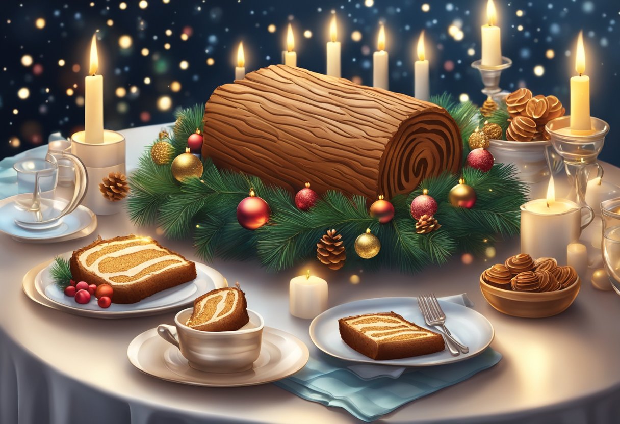 A festive table with a Christmas log cake as the centerpiece, surrounded by holiday decorations and twinkling lights