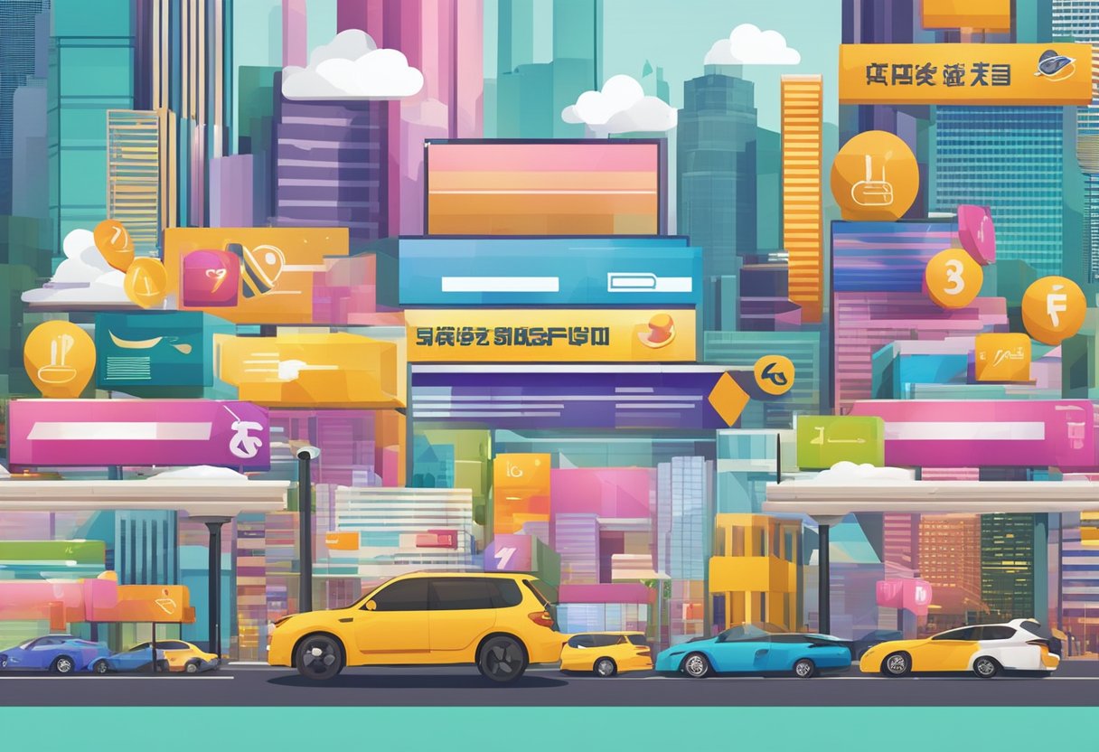 A colorful display of FAQ signs and logos against a Singaporean backdrop