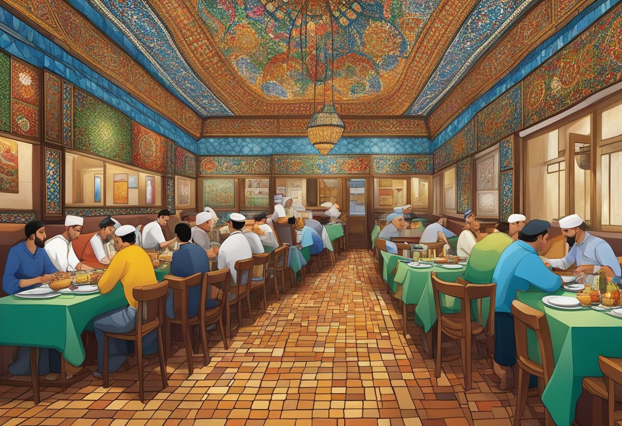 A bustling Turkish restaurant in Singapore, filled with the aroma of savory kebabs and fragrant spices. Colorful mosaic tiles adorn the walls, and diners enjoy traditional Turkish music while savoring their dining experience
