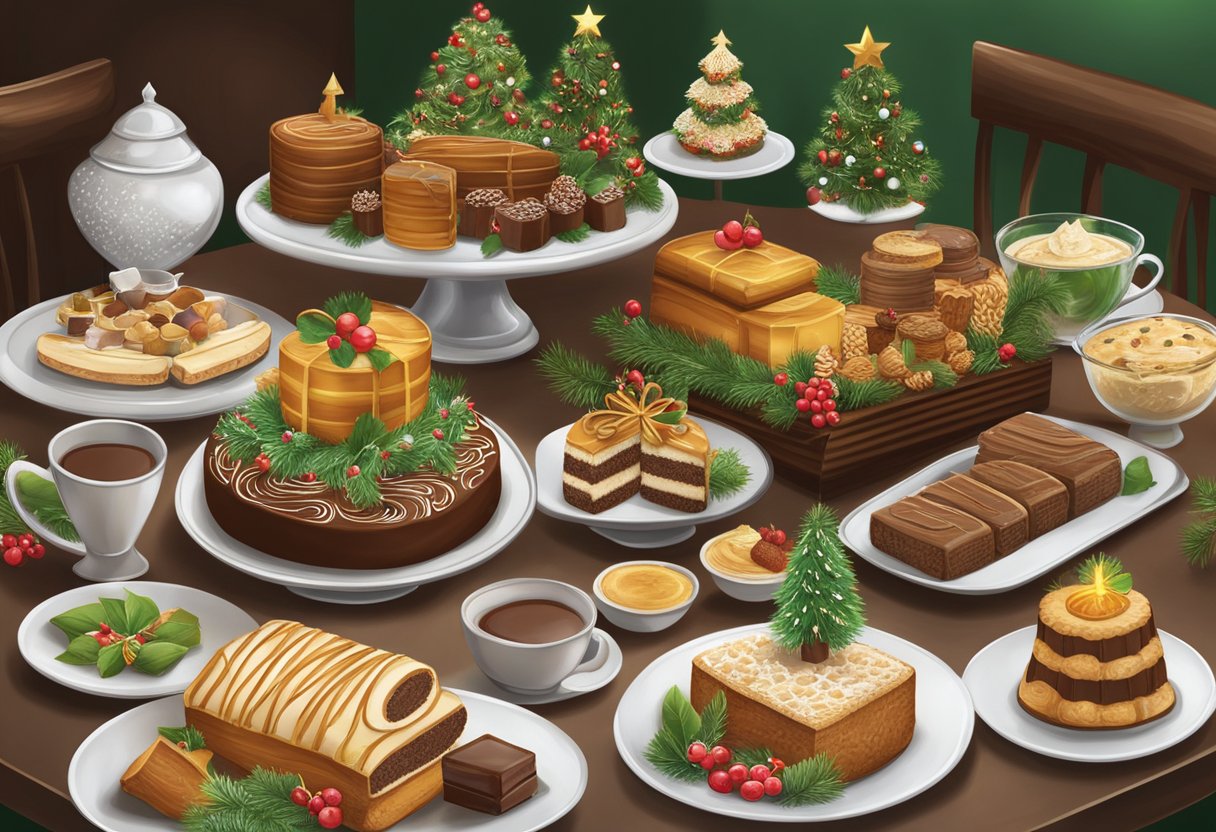 A festive table displays a variety of Christmas log cakes, showcasing the diverse traditions and flavors of Singapore