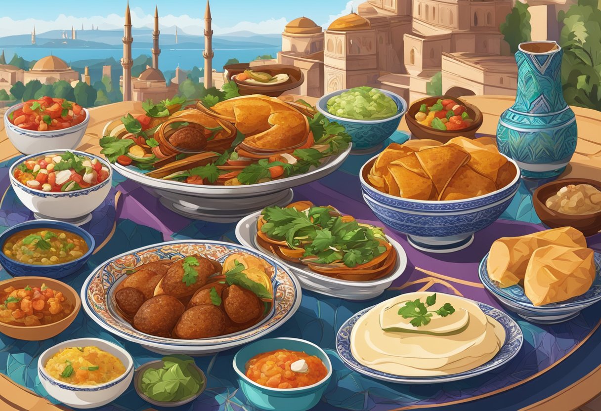 A colorful spread of Turkish dishes on a table with a backdrop of iconic Turkish landmarks
