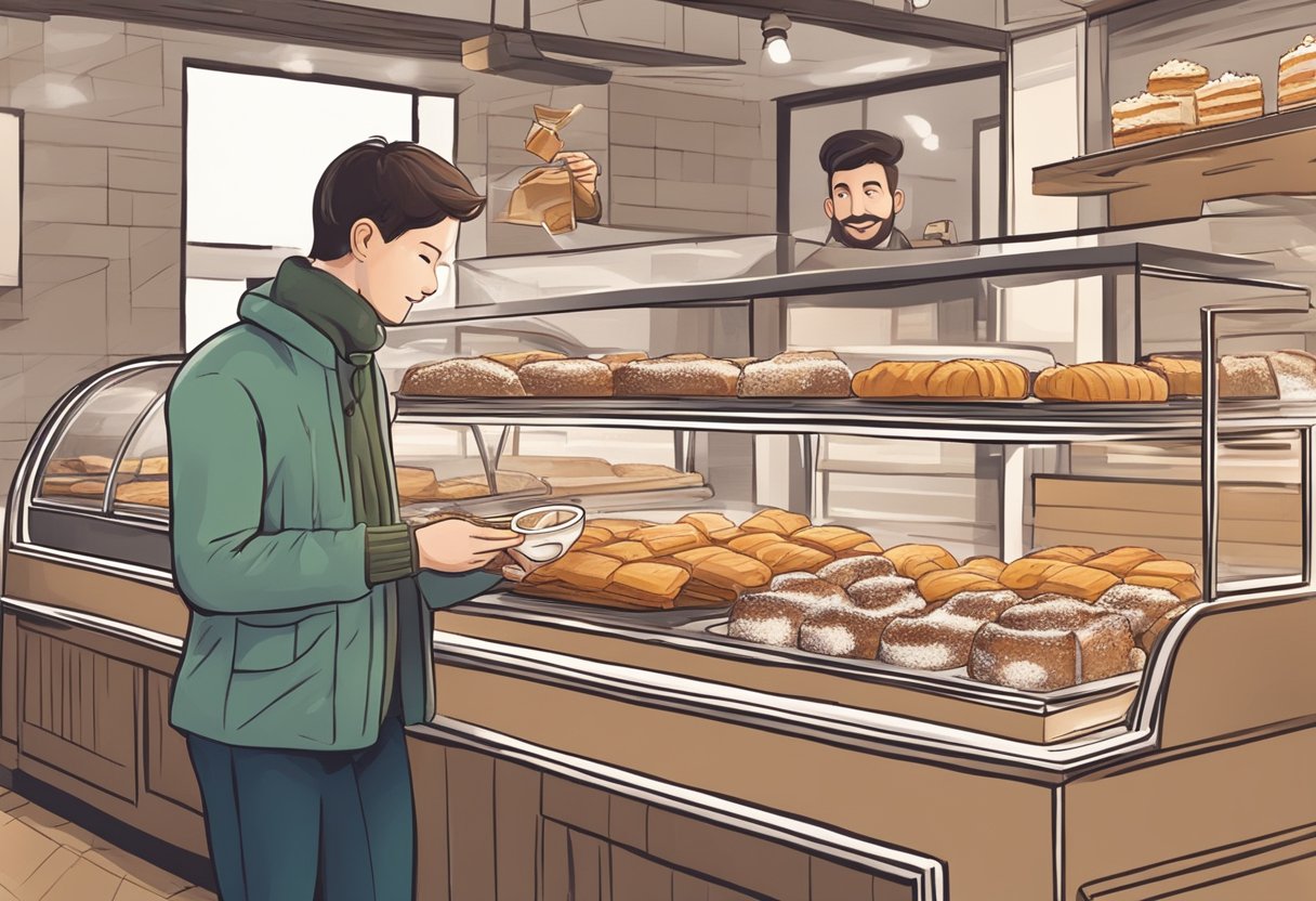 A person buying a Christmas log cake at a bakery, then savoring a slice with a cup of hot cocoa