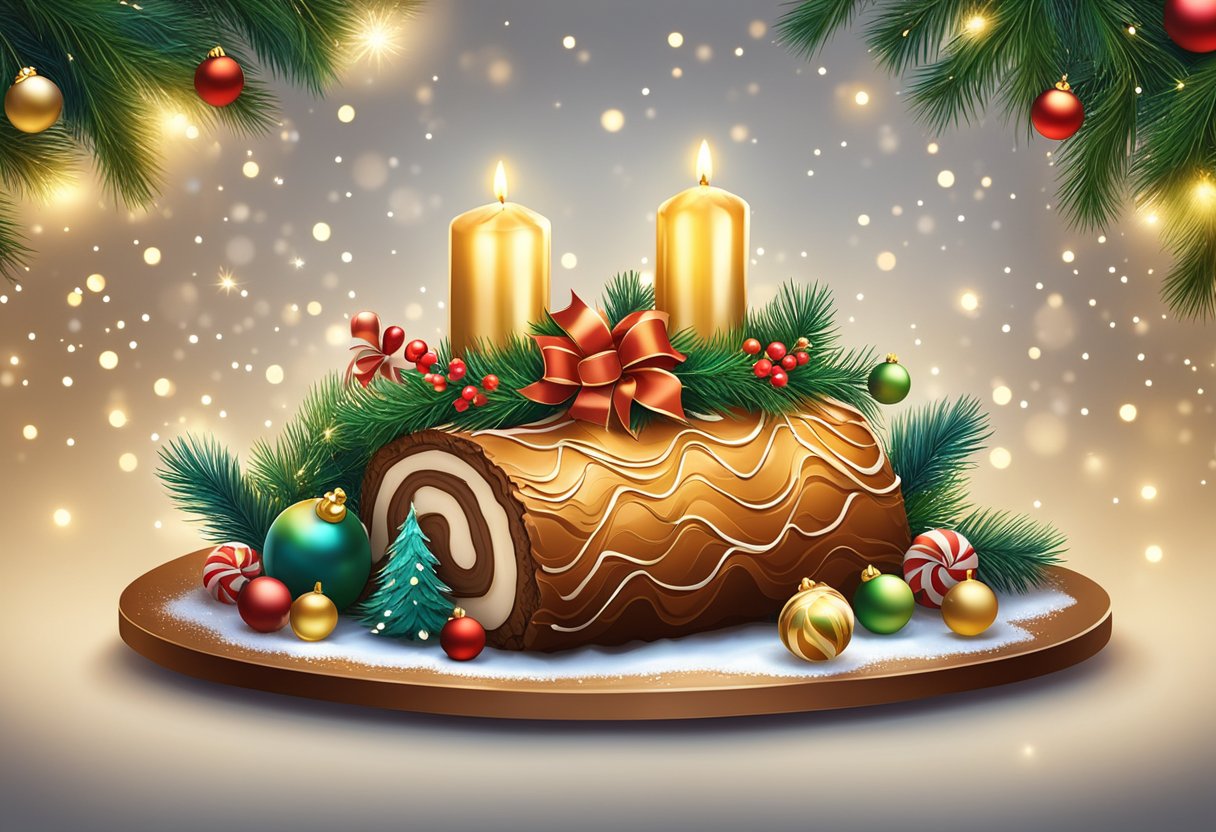 A festive Christmas log cake surrounded by holiday decorations and twinkling lights