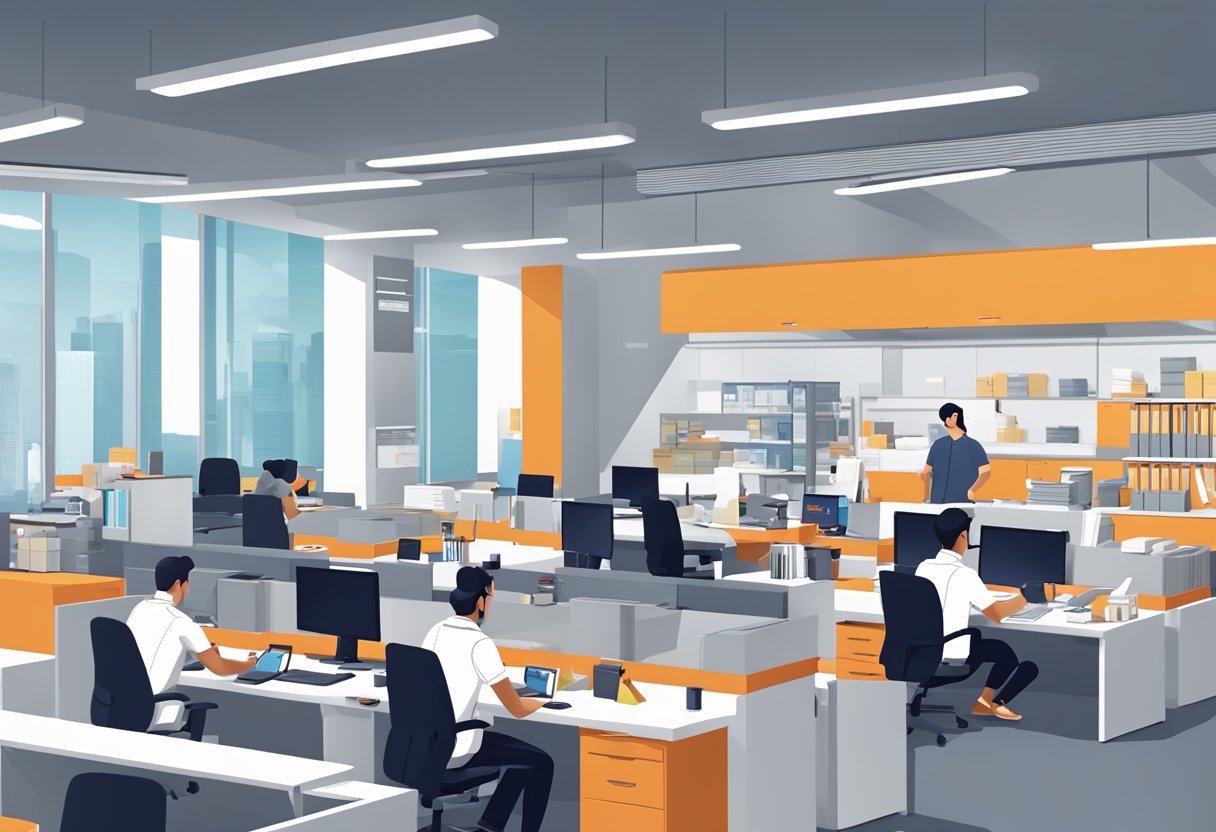 Aramex Singapore offers various services and solutions. The scene includes a modern office setting with employees working at their desks and packages being processed for delivery
