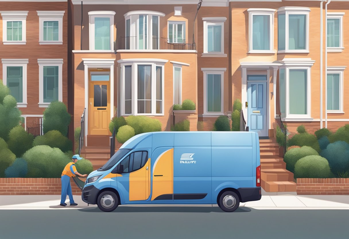 A delivery vehicle parked outside a residential home, with a delivery person placing packages at the doorstep