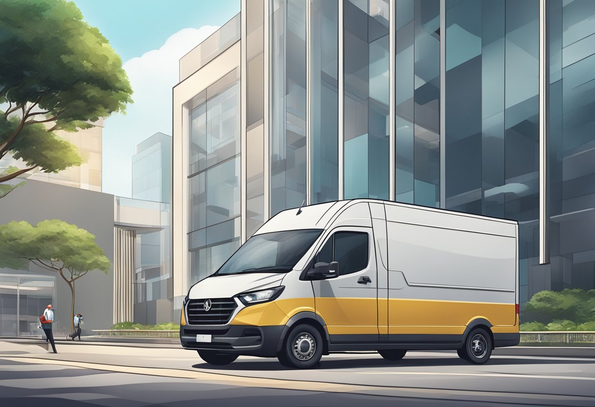 A delivery van parked outside a modern office building in Singapore, with a stack of packages being unloaded by a delivery person