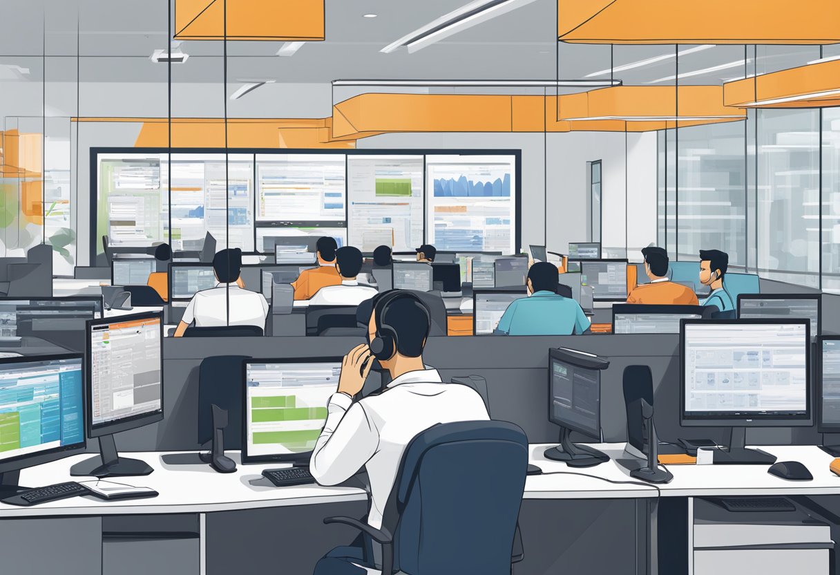A customer support representative answers calls at the Aramex Singapore office, surrounded by computer monitors and contact information displayed on the wall