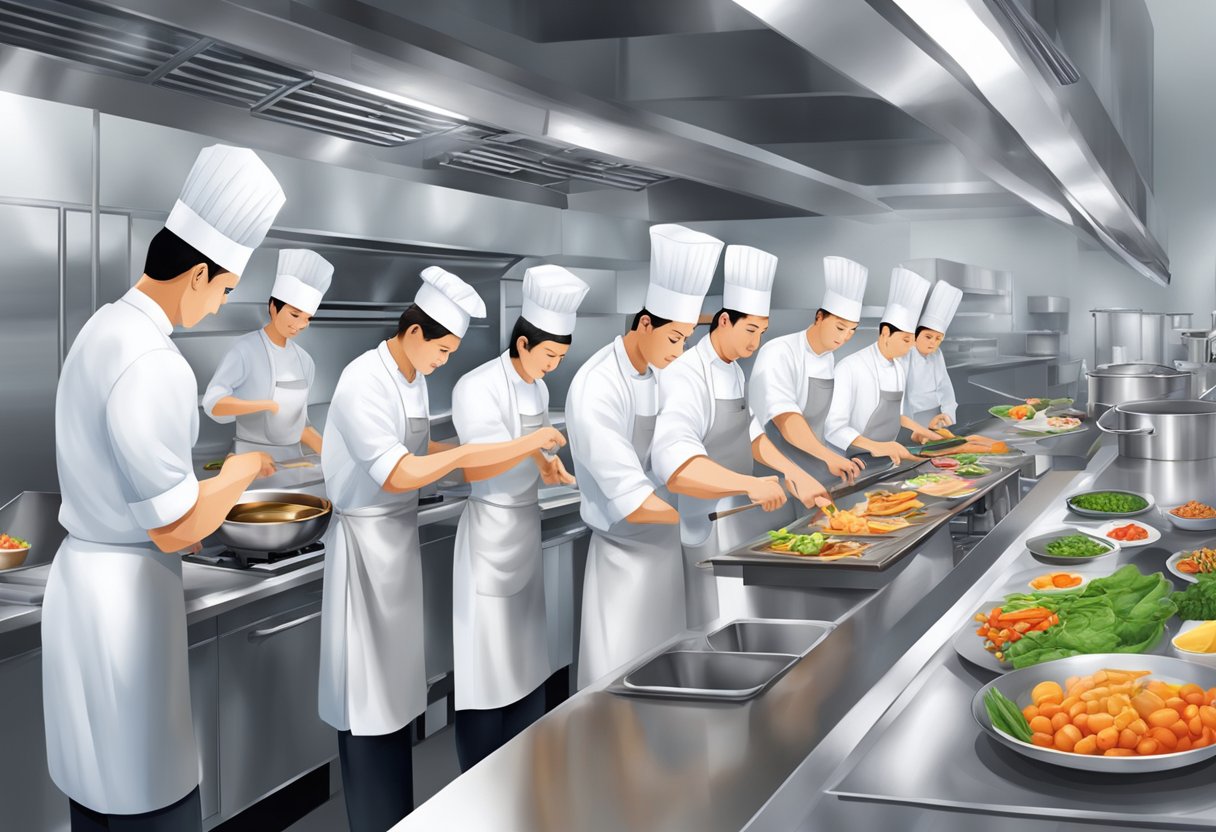 A bustling culinary school kitchen in Singapore, with chefs preparing vibrant dishes and students eagerly learning from experienced instructors
