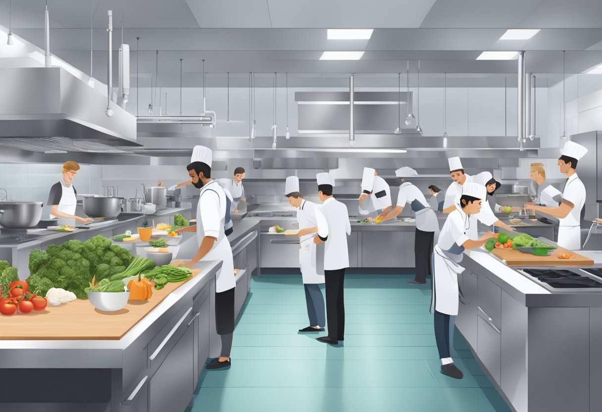 Students bustling in modern kitchen labs, surrounded by state-of-the-art equipment and fresh ingredients, under the guidance of experienced chefs