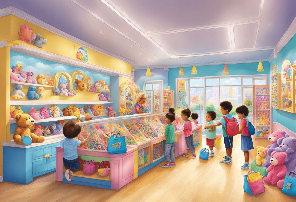 A bustling Build-A-Bear workshop in Singapore, with children eagerly choosing and stuffing their new furry friends, while colorful displays of clothing and accessories line the walls
