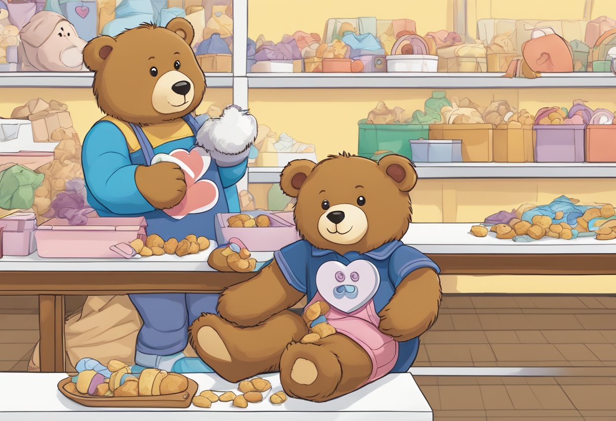 A bear being assembled at Build-A-Bear Singapore: stuffing being added, eyes and nose being attached, and a heart being placed inside