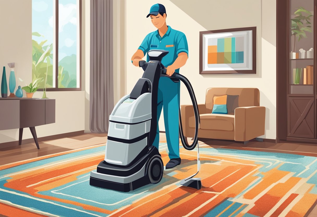 A professional carpet cleaner in Singapore using a high-powered machine to remove dirt and stains from a colorful rug in a well-lit room