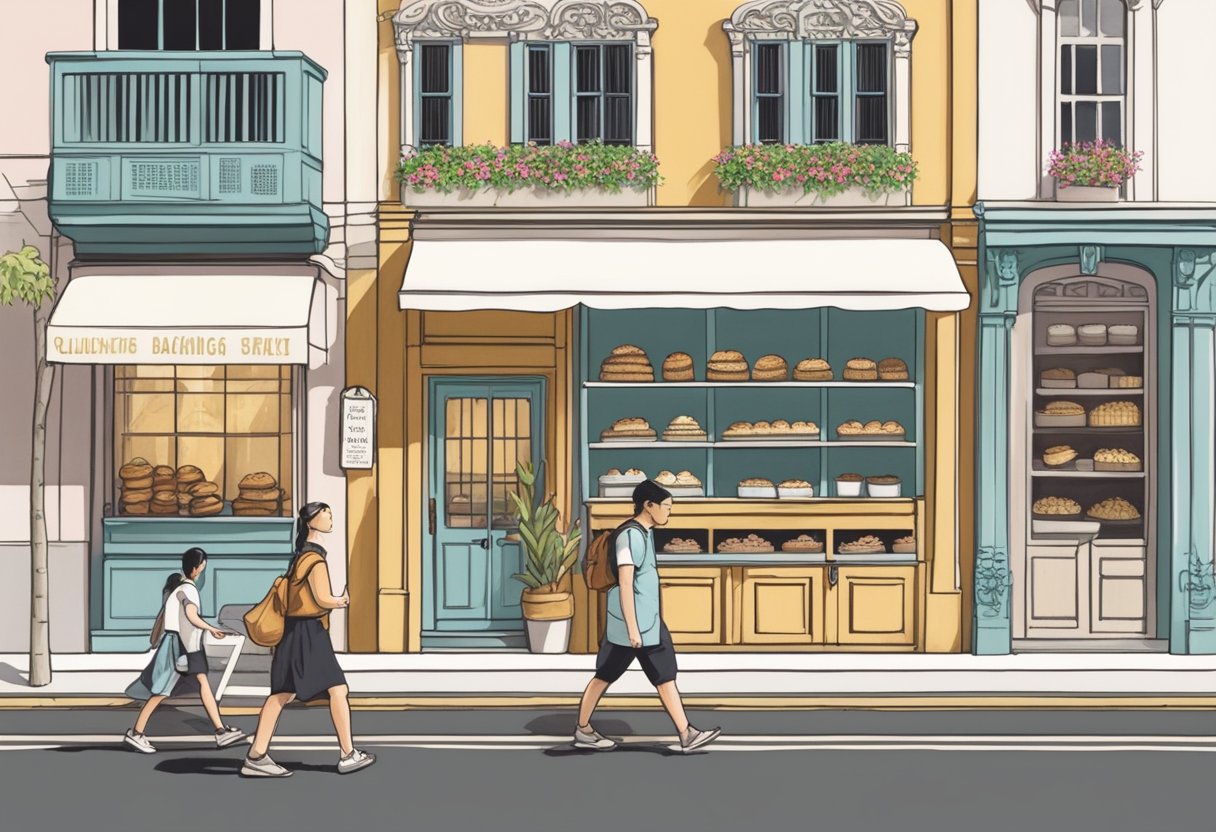People walk along Clinton Street, passing by the charming storefront of Clinton Street Baking Company in Singapore. The aroma of freshly baked goods fills the air