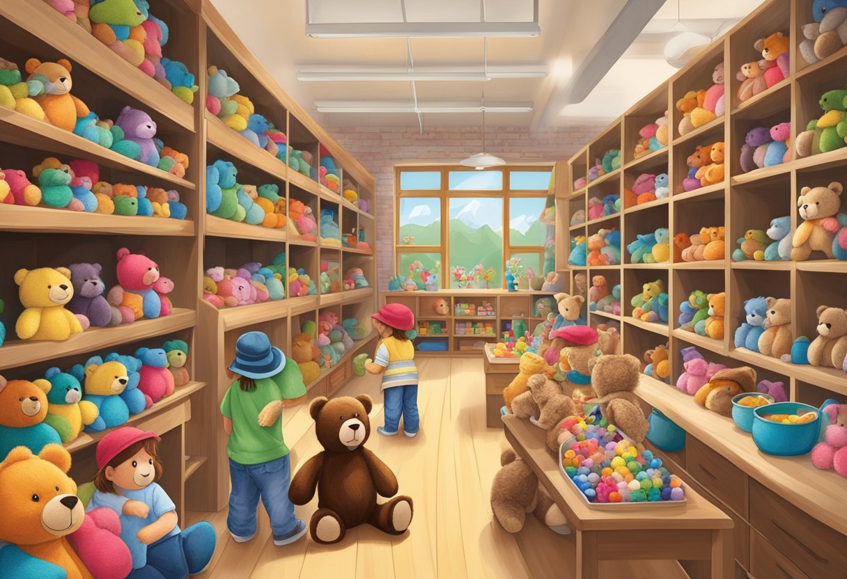 A colorful, bustling workshop filled with children and families creating personalized stuffed bears. Shelves lined with plush toys and vibrant accessories. Staff guiding and assisting customers in the bear-making process