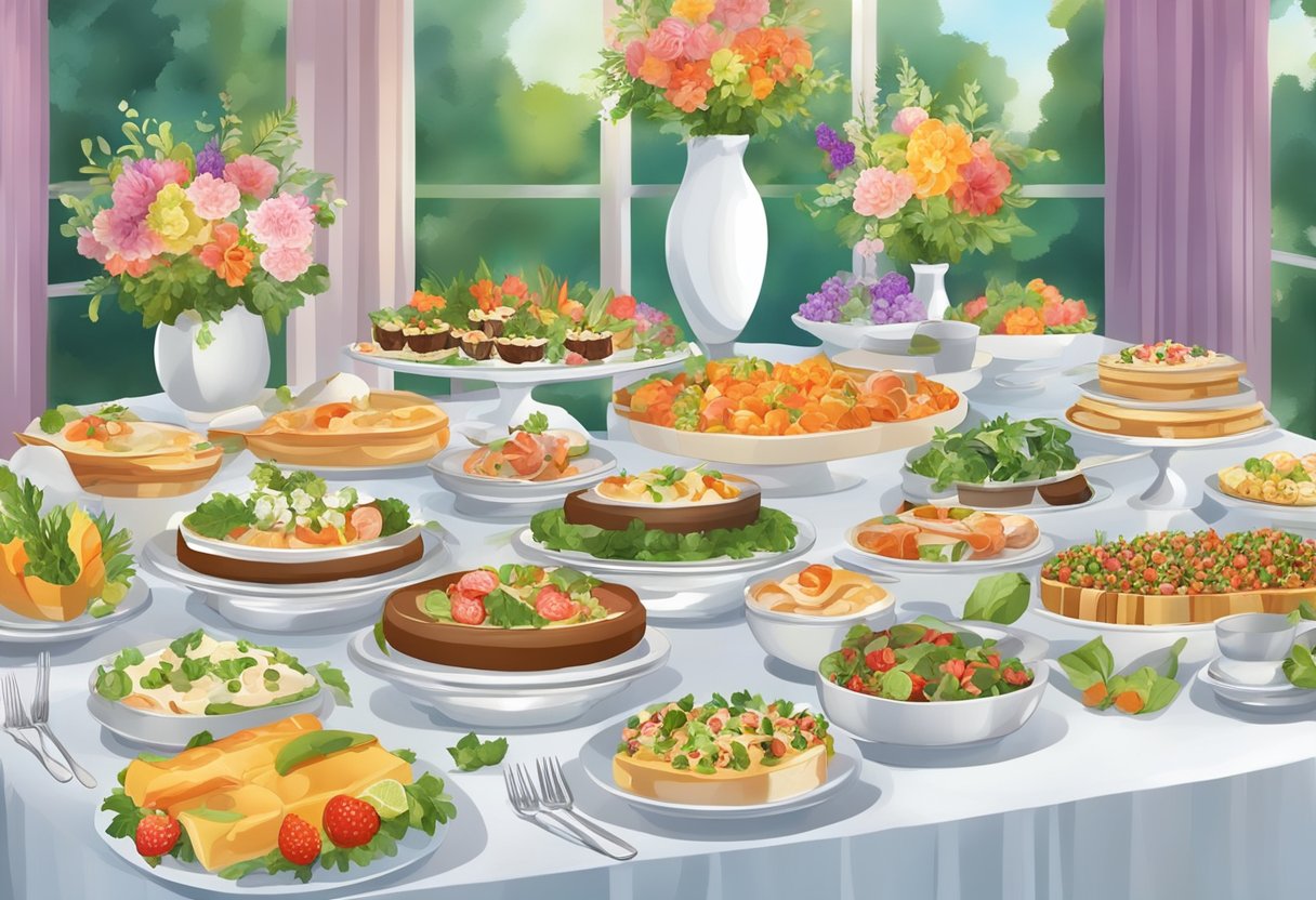 A buffet table adorned with a variety of colorful and appetizing dishes, surrounded by elegant table settings and floral arrangements