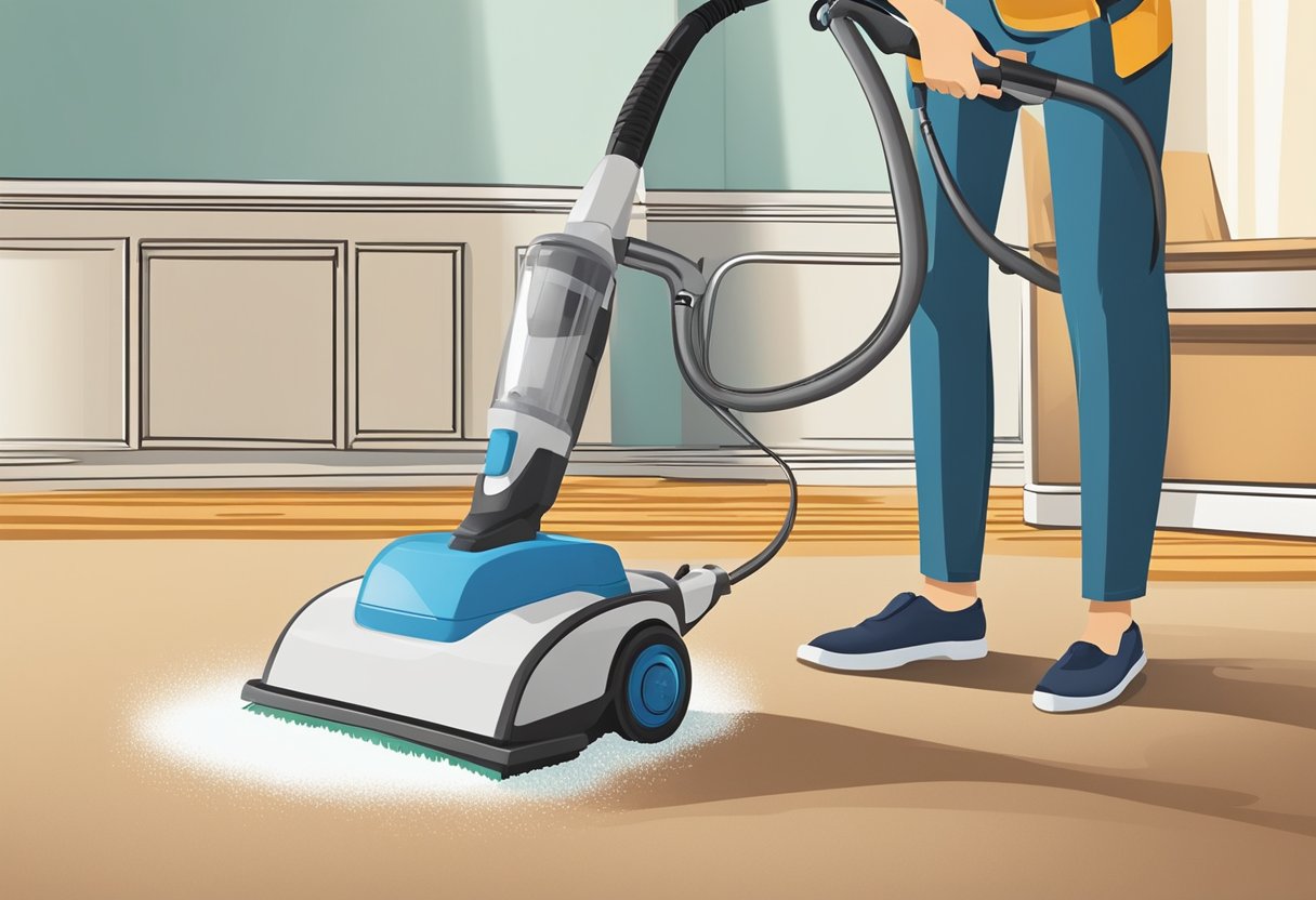A professional carpet cleaner sprays and agitates cleaning solution onto a stained carpet, then uses a powerful extraction machine to remove dirt and moisture, leaving the carpet clean and refreshed