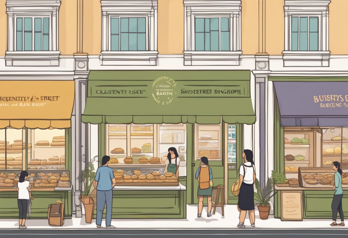 A bustling bakery with a sign reading "Frequently Asked Questions clinton street baking singapore" above the entrance. Customers line up outside, while the scent of freshly baked goods fills the air
