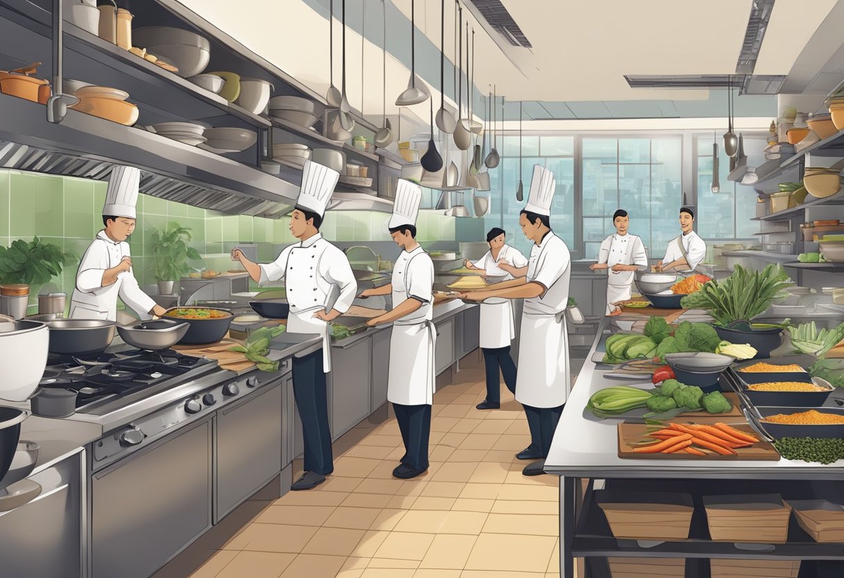 A bustling kitchen with chefs preparing diverse cuisines, surrounded by shelves of exotic spices and cooking utensils at Beyond the Kitchen culinary school in Singapore