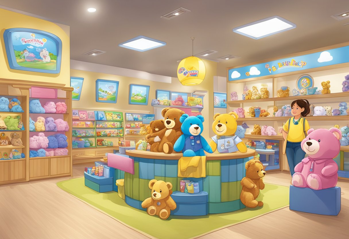 A colorful display of Build-A-Bear Workshop in Singapore, with shelves of stuffed animals and a customer service desk for frequently asked questions