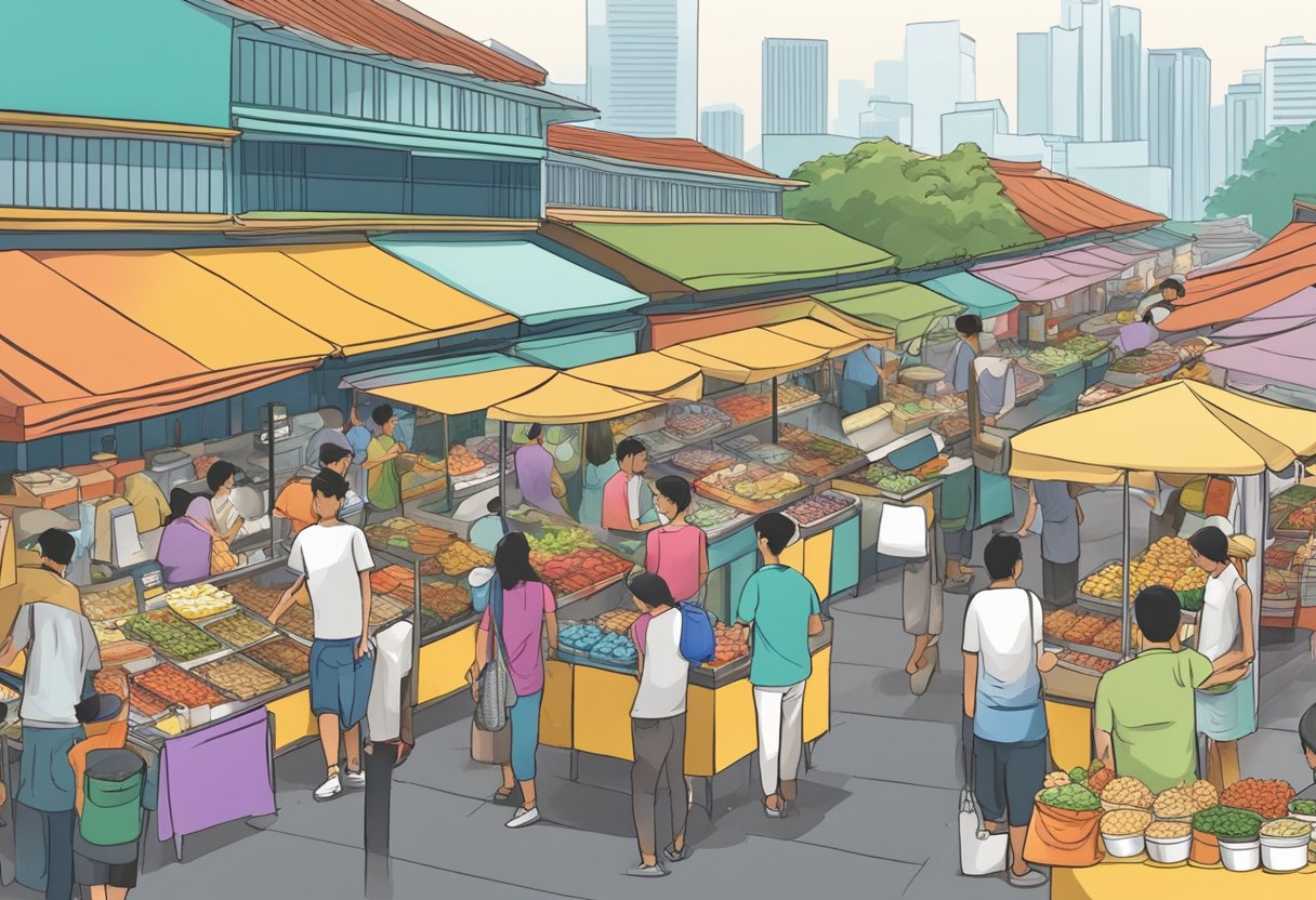 A bustling food market in Singapore, with colorful stalls offering a variety of dishes. Customers sample and purchase food from vendors