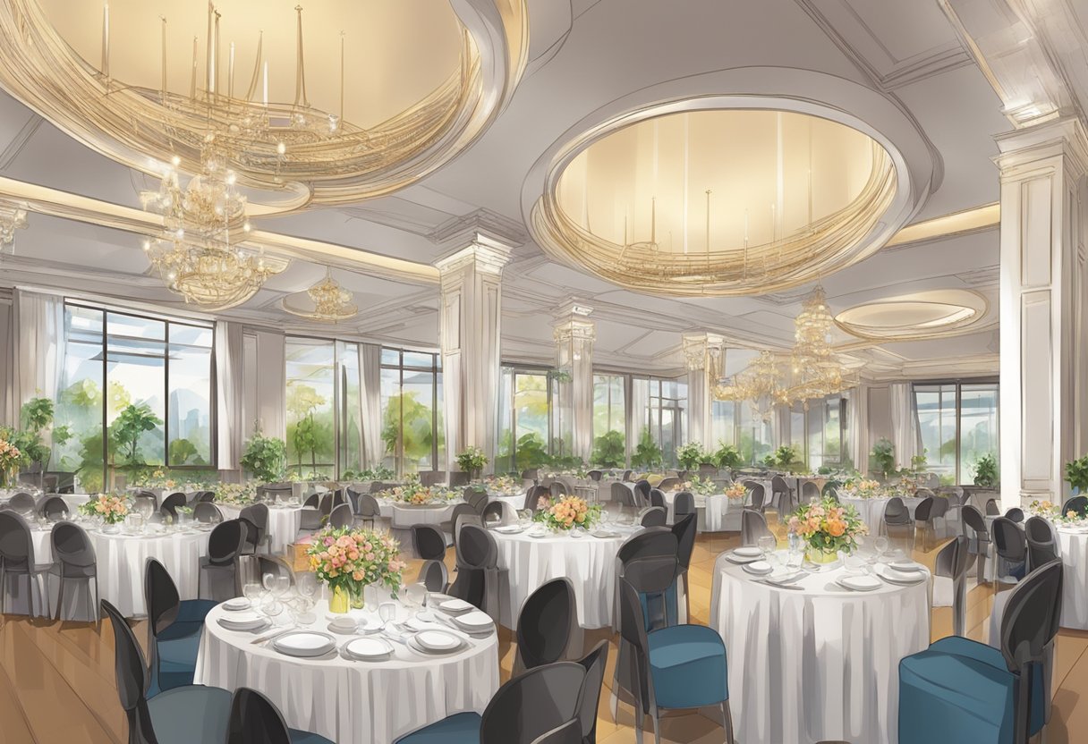 A bustling event venue with elegant table settings and a diverse spread of high-quality catering food from Singapore