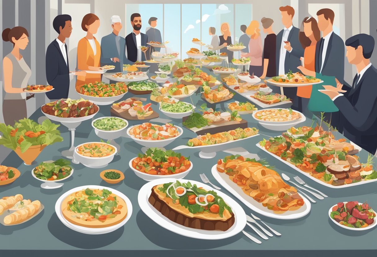 A long buffet table filled with a variety of delicious and beautifully presented dishes, surrounded by people chatting and enjoying the food