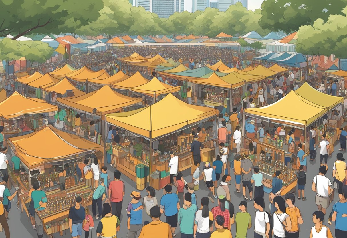 A bustling craft beer festival in Singapore, with rows of colorful booths, enthusiastic patrons sampling various brews, and a lively atmosphere filled with music and laughter
