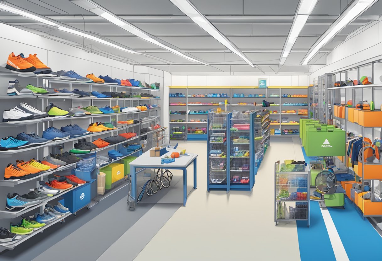 A bustling Decathlon lab in Kallang, Singapore, with various sports equipment and gear on display and customers browsing the aisles