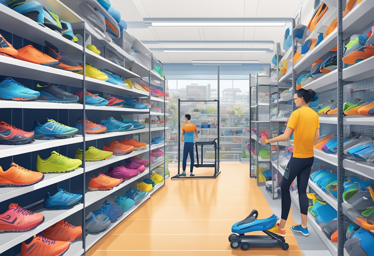 People browsing sports equipment in Decathlon Singapore Lab, with colorful displays and shelves stocked with various gear